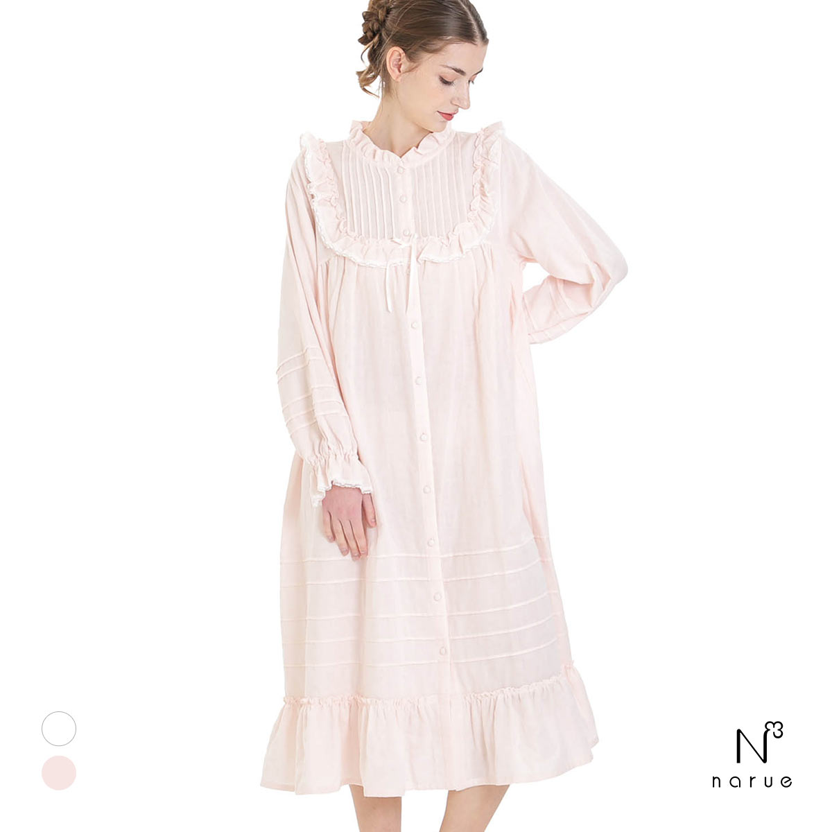 ナルエー NARUE パジャマ 50/ダブルガーゼクラシカルナイトドレス ワンピース ドレス 綿100％ ネグリジェ moontan by Narue Luxe(PI-ピンク-M-L)