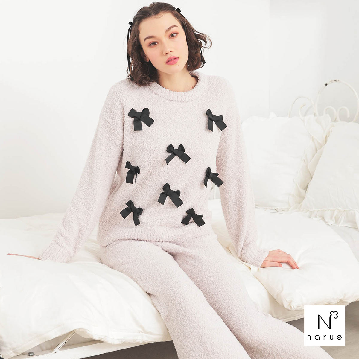 ナルエー パジャマ モールニットリボンセットアップ ルームウェア ロングパンツ 長袖 上下セット NARUE(BE-ベージュ-M-L)