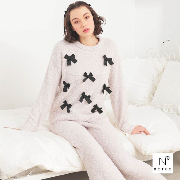 ナルエー パジャマ モールニットリボンセットアップ ルームウェア ロングパンツ 長袖 上下セット NARUE