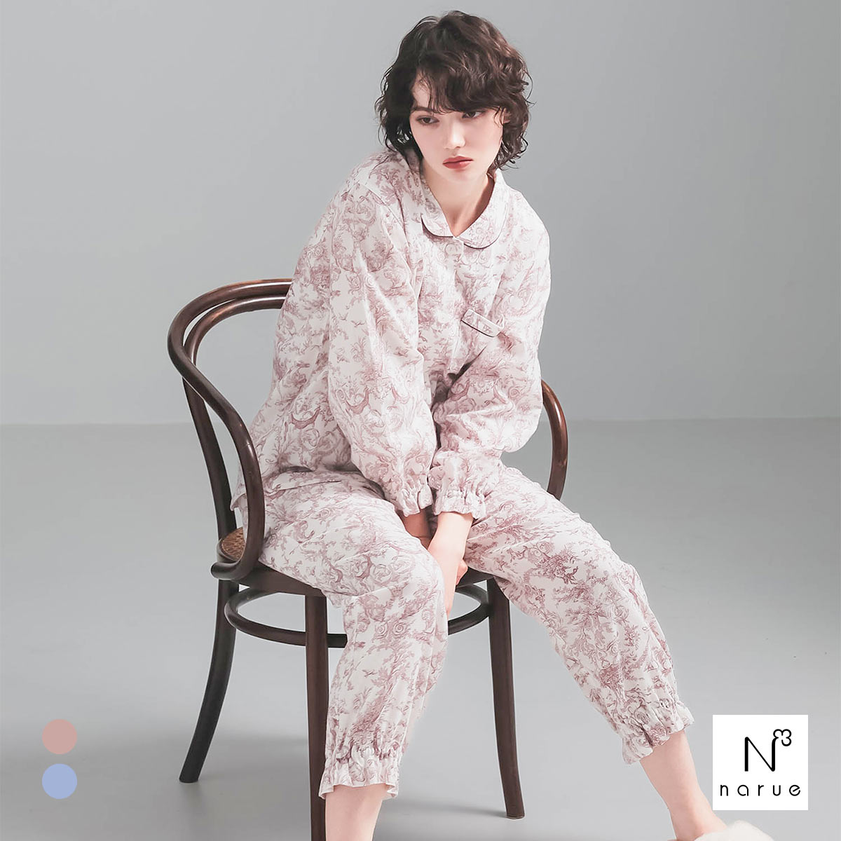ナルエー パジャマ コットンダブルガーゼトワルドジュイシャツパジャマ セットアップ ルームウェア 上下セット NARUE(BR-ブラウン-M-L)