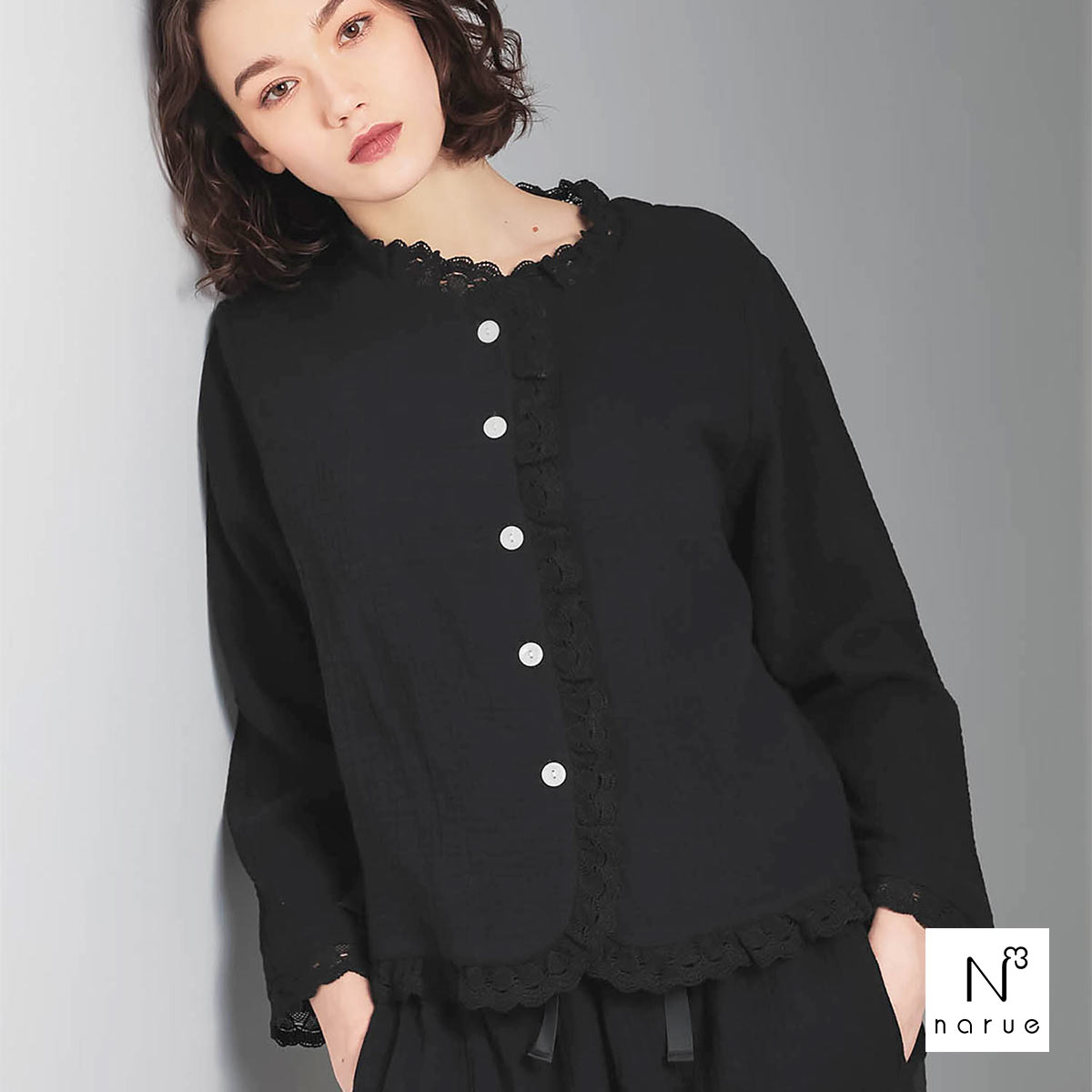 ナルエー パジャマ シュークリームガーゼRクラシカルレーシーパジャマ ルームウェア 上下セット 長袖 NARUE(BK-ブラック-M-L)