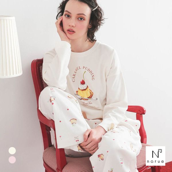 ナルエー パジャマ エアーニットプリン＆ショートケーキパジャマ ルームウェア ロングパンツ 長袖 上下セット NARUE