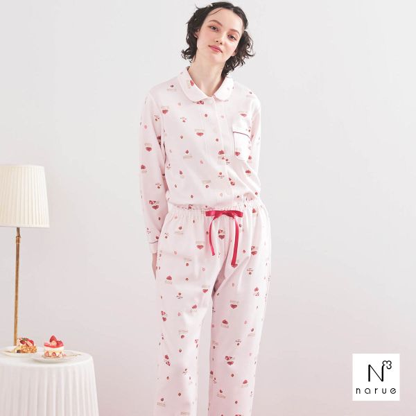 ナルエー パジャマ エアーニットプリン＆ショートケーキシャツパジャマ ルームウェア ロングパンツ 長袖 上下セット NARUE
