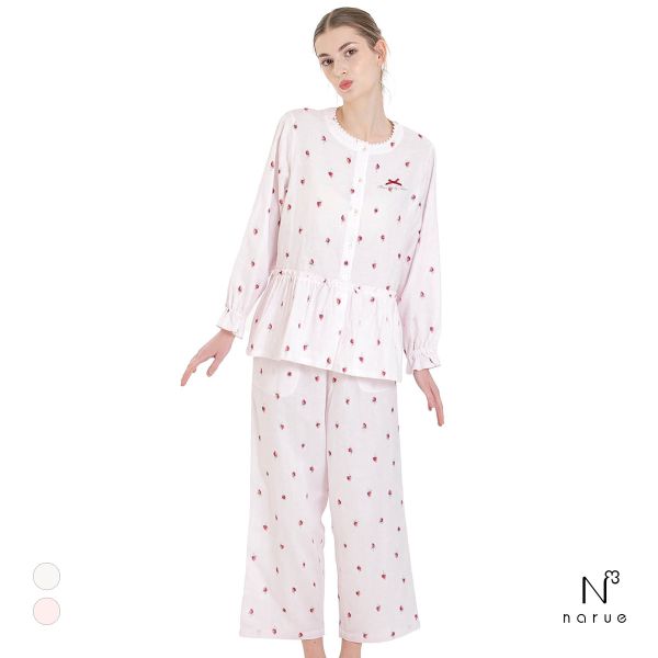 ナルエー パジャマ コットンダブルガーゼいちごペプラムパジャマ セットアップ 上下セット ルームウェ Narue