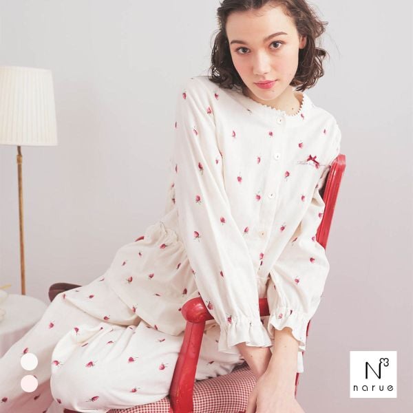 ナルエー パジャマ コットンダブルガーゼいちごペプラムパジャマ セットアップ 上下セット ルームウェ Narue