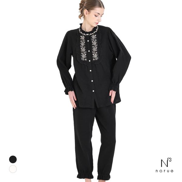 ナルエー パジャマ シュークリームガーゼRアンティーク刺繍パジャマ ルームウェア 上下セット 長袖 NARUE