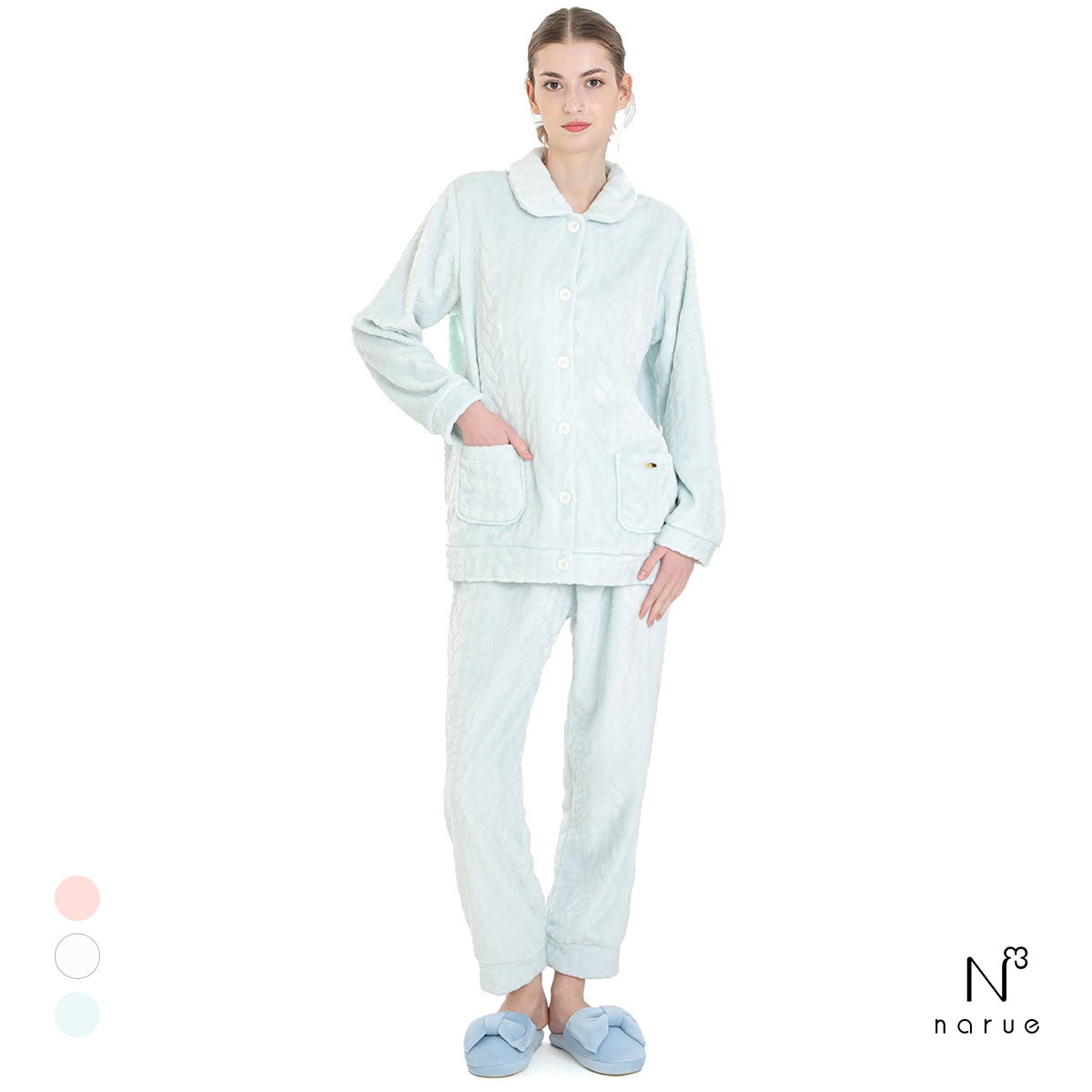 ナルエー パジャマ ソフティースノーケーブルシャツパジャマ ルームウェア 上下セット 長袖 NARUE(BU-ブルー-M-L)