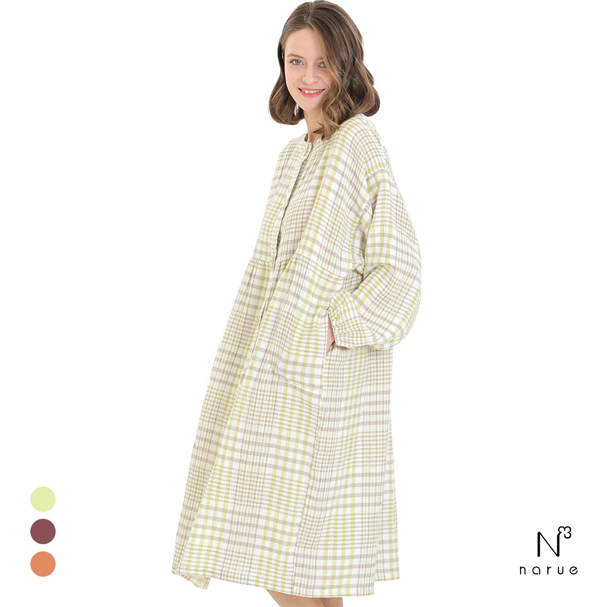ナルエー パジャマ シュークリームガーゼRチェックワンピース ルームウェア ドレス ネグリジェ レディース NARUE(GR-グリーン-M-L)