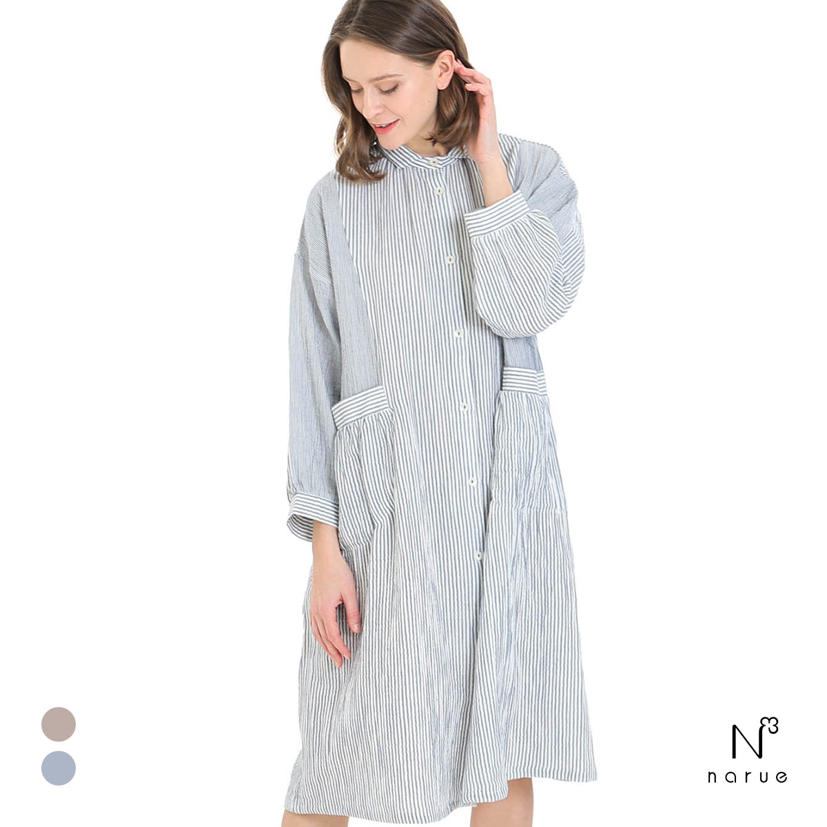 ナルエー NARUE パジャマ シュークリームガーゼRストライプワンピース ルームウェア レディース ネグリジェ(NV-ネイビー-M-L)