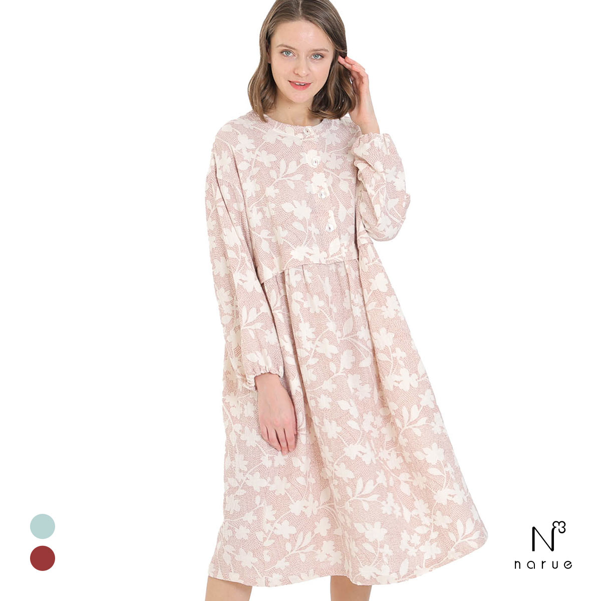 ナルエー パジャマ シュークリームガーセRフラワーステッチワンピース ワンピース ルームウェア レディース NARUE(RE-レッド-M-L)