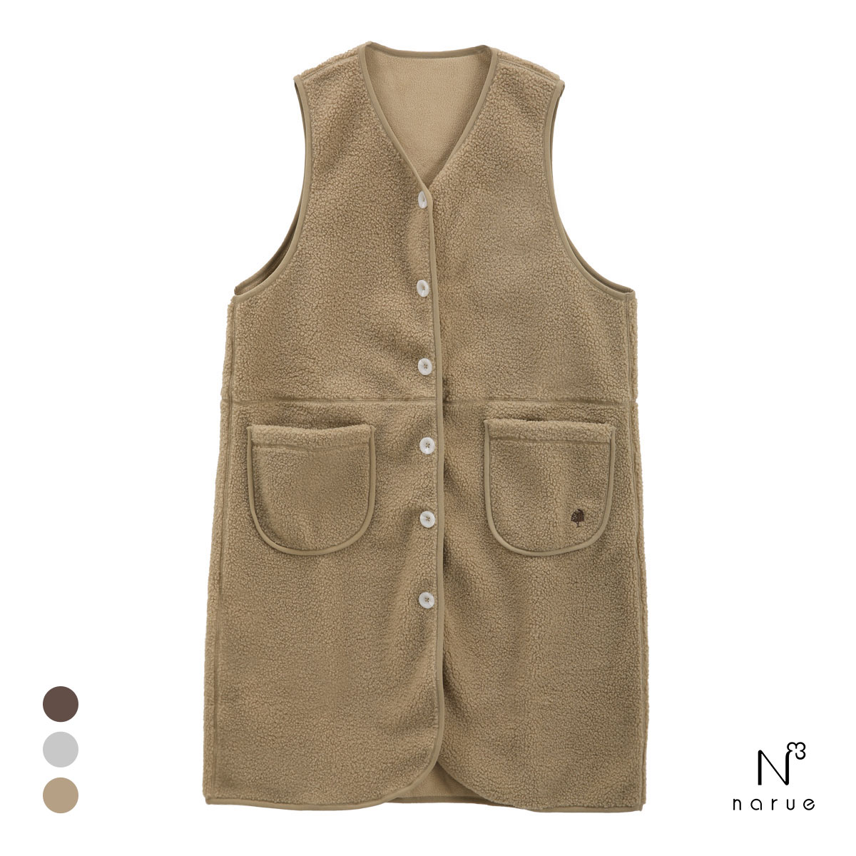 ナルエー パジャマ プードルフリースジャンパースカート ロングジレ Vネック ルームウェア ノースリーブ NARUE(BE-ベージュ-M-L)