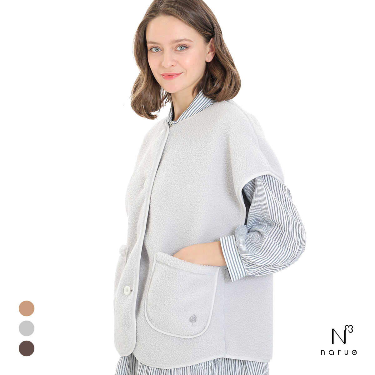 ナルエー パジャマ プードルフリースベスト ルームウェア 半袖 NARUE(GY-グレー-M-L)