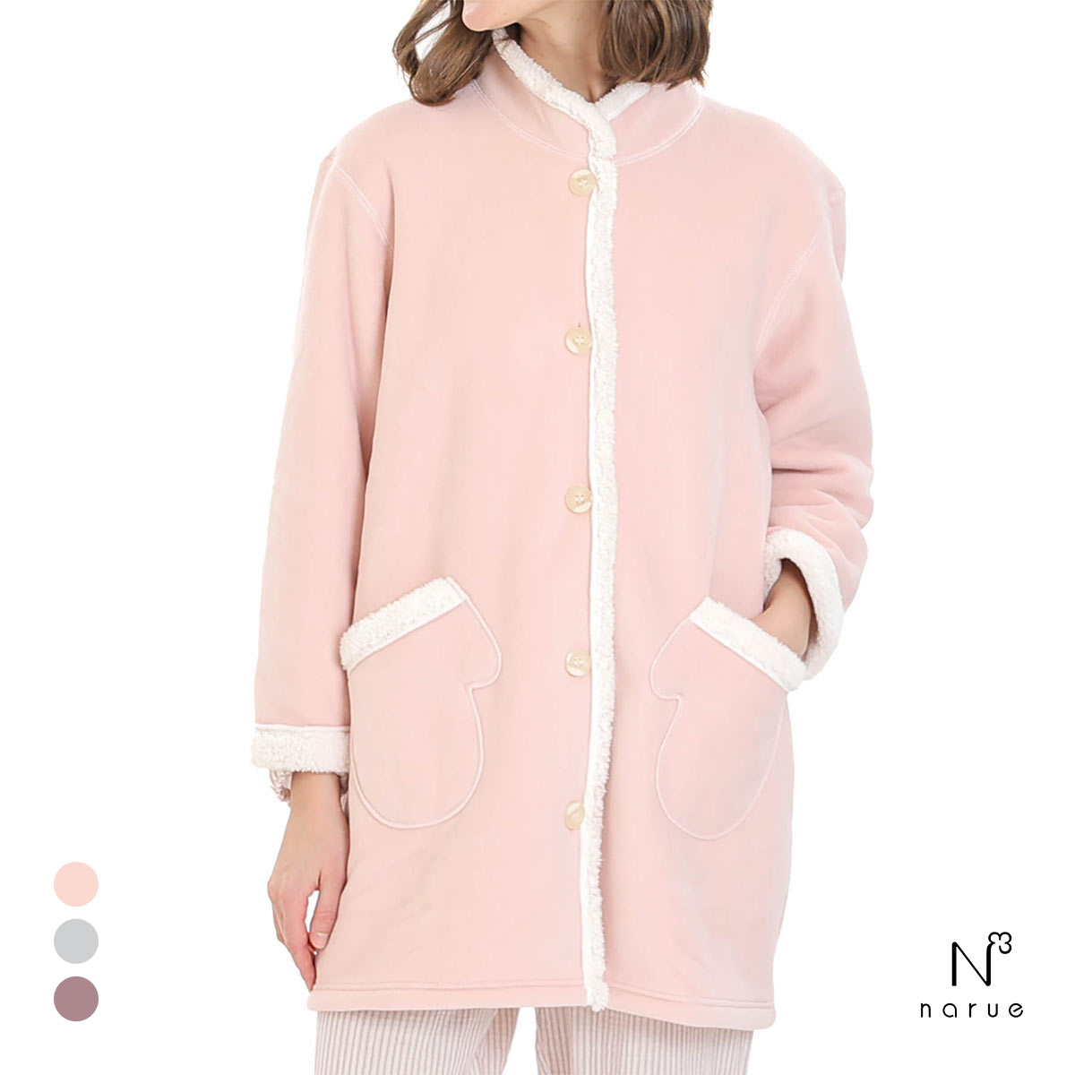 ナルエー パジャマ フリースボアガウン ルームウェア NARUE(PI-ピンク-M-L)