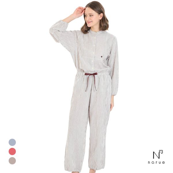 ナルエー パジャマ シュークリームガーゼRストライプスタンドカラーパジャマ ルームウェア ロングパンツ 長袖 上下セット NARUE