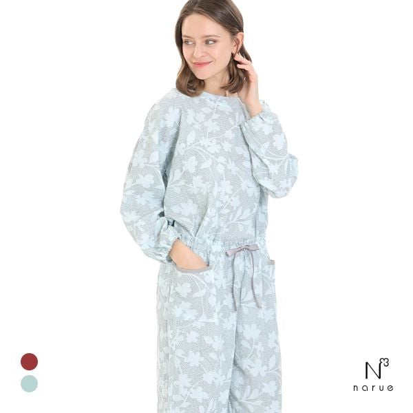 ナルエー パジャマ シュークリームガーゼRフラワーステッチセットアップ ルームウェア ロングパンツ 長袖 上下セット NARUE