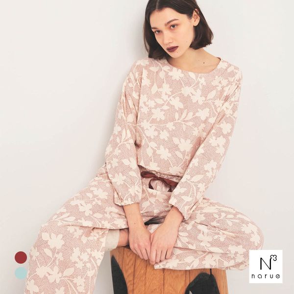 ナルエー パジャマ シュークリームガーゼRフラワーステッチセットアップ ルームウェア ロングパンツ 長袖 上下セット NARUE