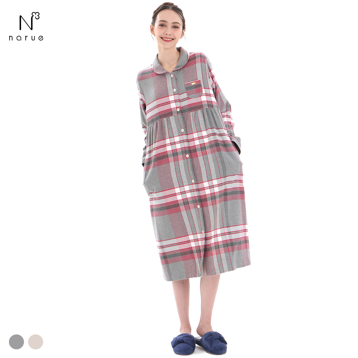 ナルエー パジャマ コットンフランネルチェックワンピース ルームウェア 長袖 NARUE(GY-グレー-M-L)