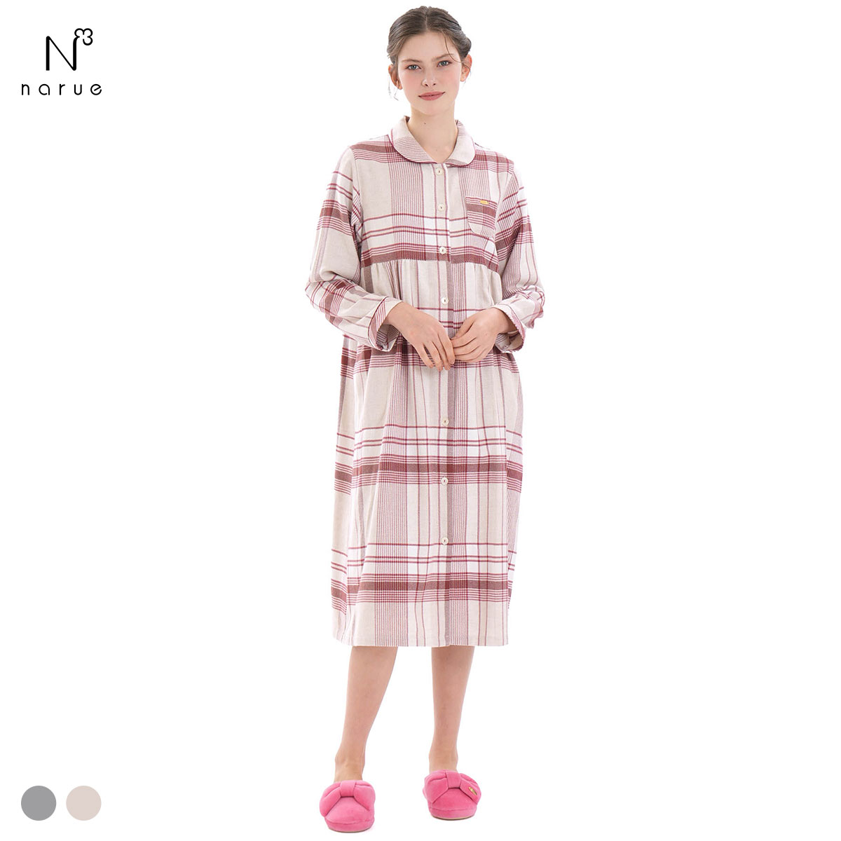 ナルエー パジャマ コットンフランネルチェックワンピース ルームウェア 長袖 NARUE(IV-アイボリー-M-L)