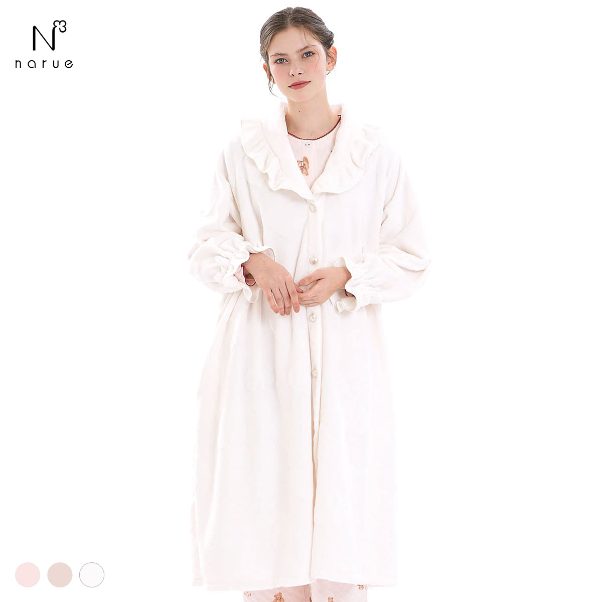 ナルエー パジャマ シャイニースノーエンボスハートフリルガウン ワンピース ローブ  NARUE(WH-ホワイト-M-L)