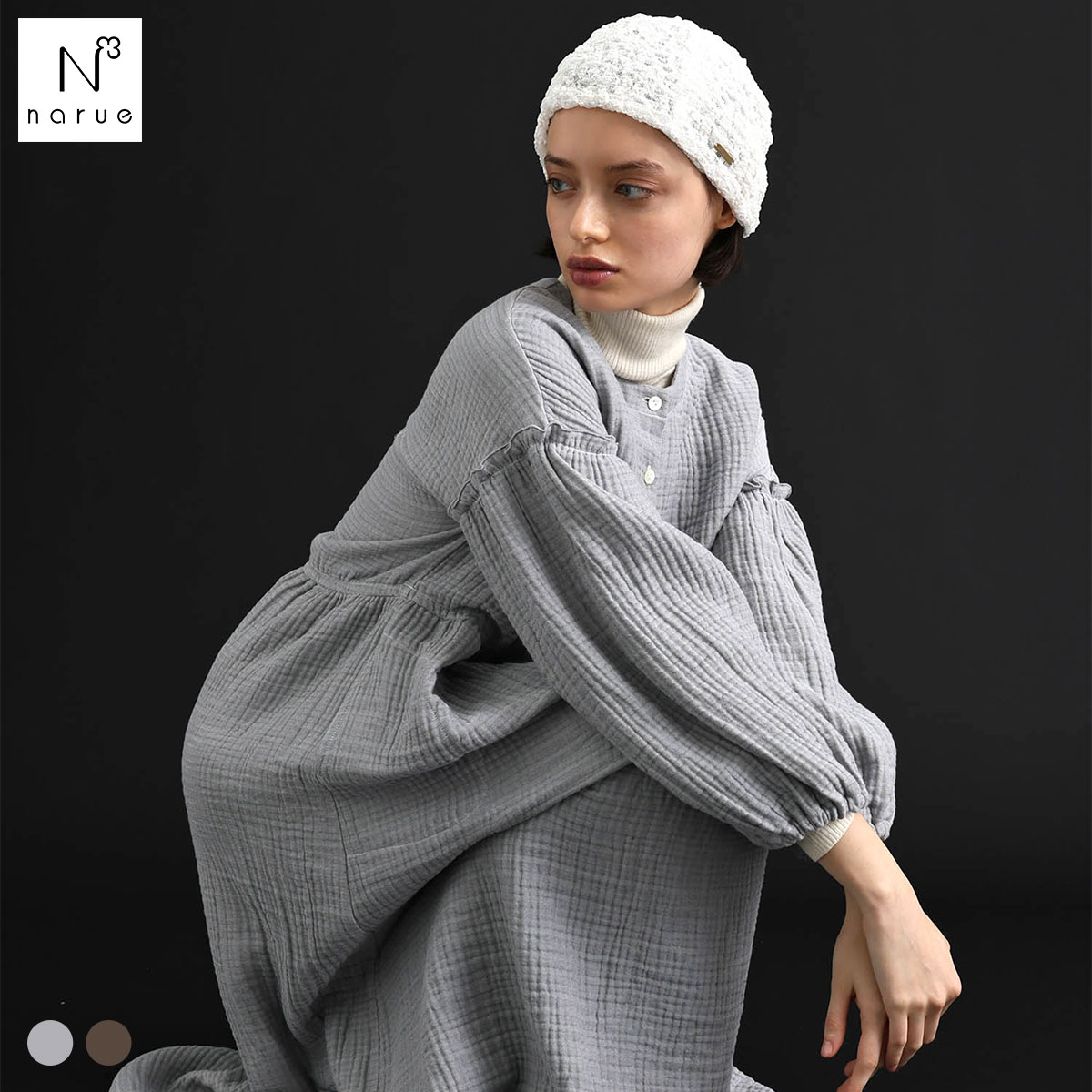 ナルエー NARUE パジャマ シュークリームガーゼ(R)4+メイプルブランワンピース ワンピース ドレス 綿100％ ネグリジェ(GY-グレー-M-L)