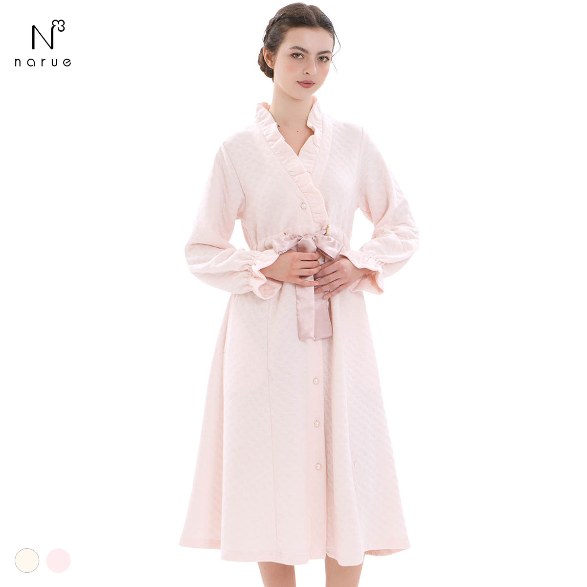 ナルエー パジャマ 裏綿接結(綿入り)ブドォワールローブ ワンピース ガウン ルームウェア 長袖 moontan by Narue Luxe(PI-ピンク-M-L)