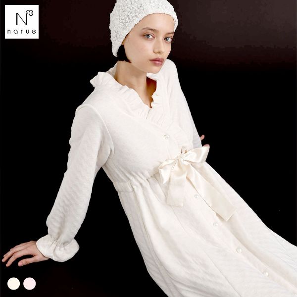 ナルエー パジャマ 裏綿接結(綿入り)ブドォワールローブ ワンピース ガウン ルームウェア 長袖 moontan by Narue Luxe