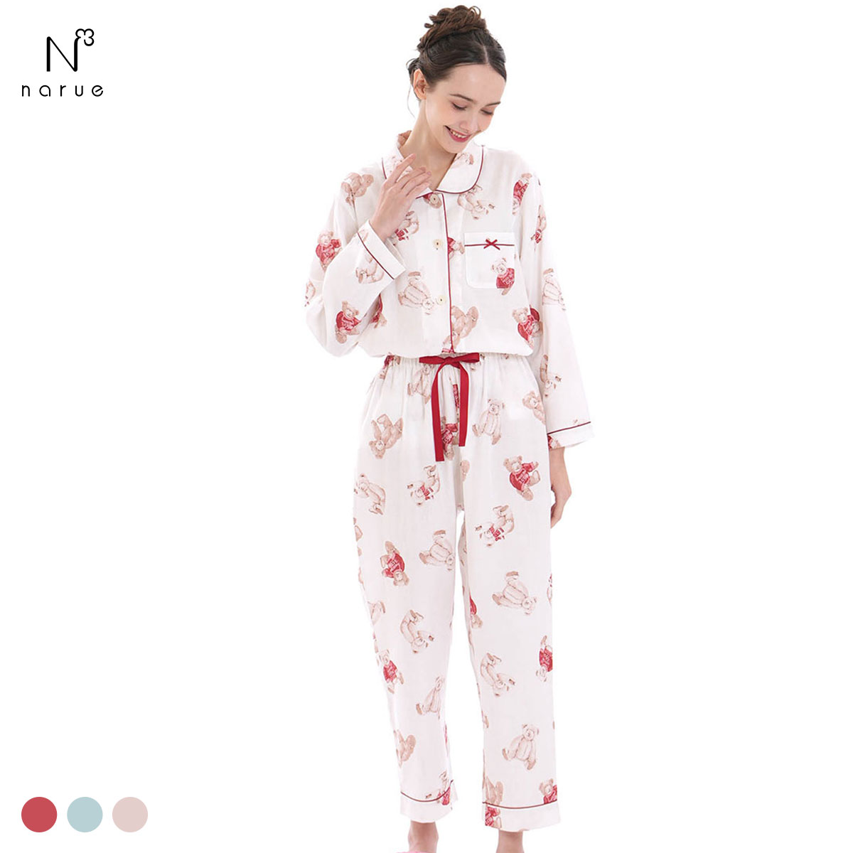 ナルエー パジャマ コットンダブルガーゼテディーベアシャツパジャマ ルームウェア セットアップ 上下セット 長袖 綿100％ NARUE moontan(RE-レッド-M-L)