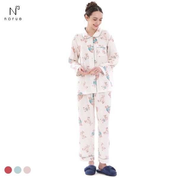 ナルエー パジャマ コットンダブルガーゼテディーベアシャツパジャマ ルームウェア セットアップ 上下セット 長袖 綿100％ NARUE moontan