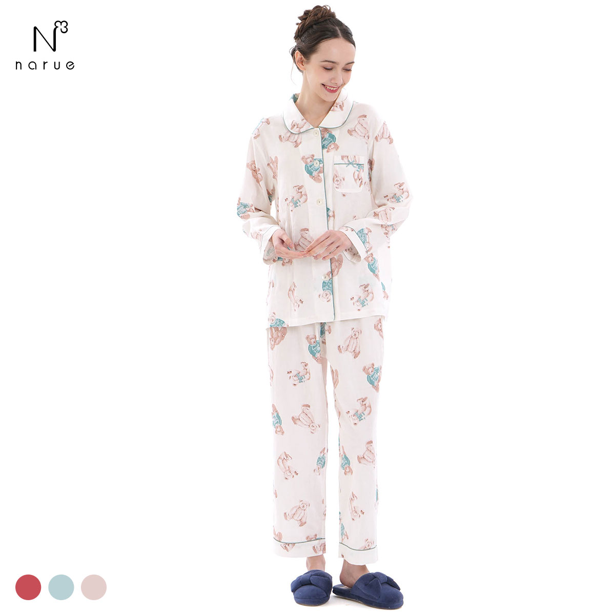 ナルエー パジャマ コットンダブルガーゼテディーベアシャツパジャマ ルームウェア セットアップ 上下セット 長袖 綿100％ NARUE moontan(GR-グリーン-M-L)