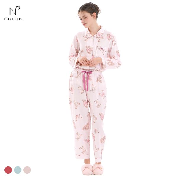 ナルエー パジャマ コットンダブルガーゼテディーベアシャツパジャマ ルームウェア セットアップ 上下セット 長袖 綿100％ NARUE moontan