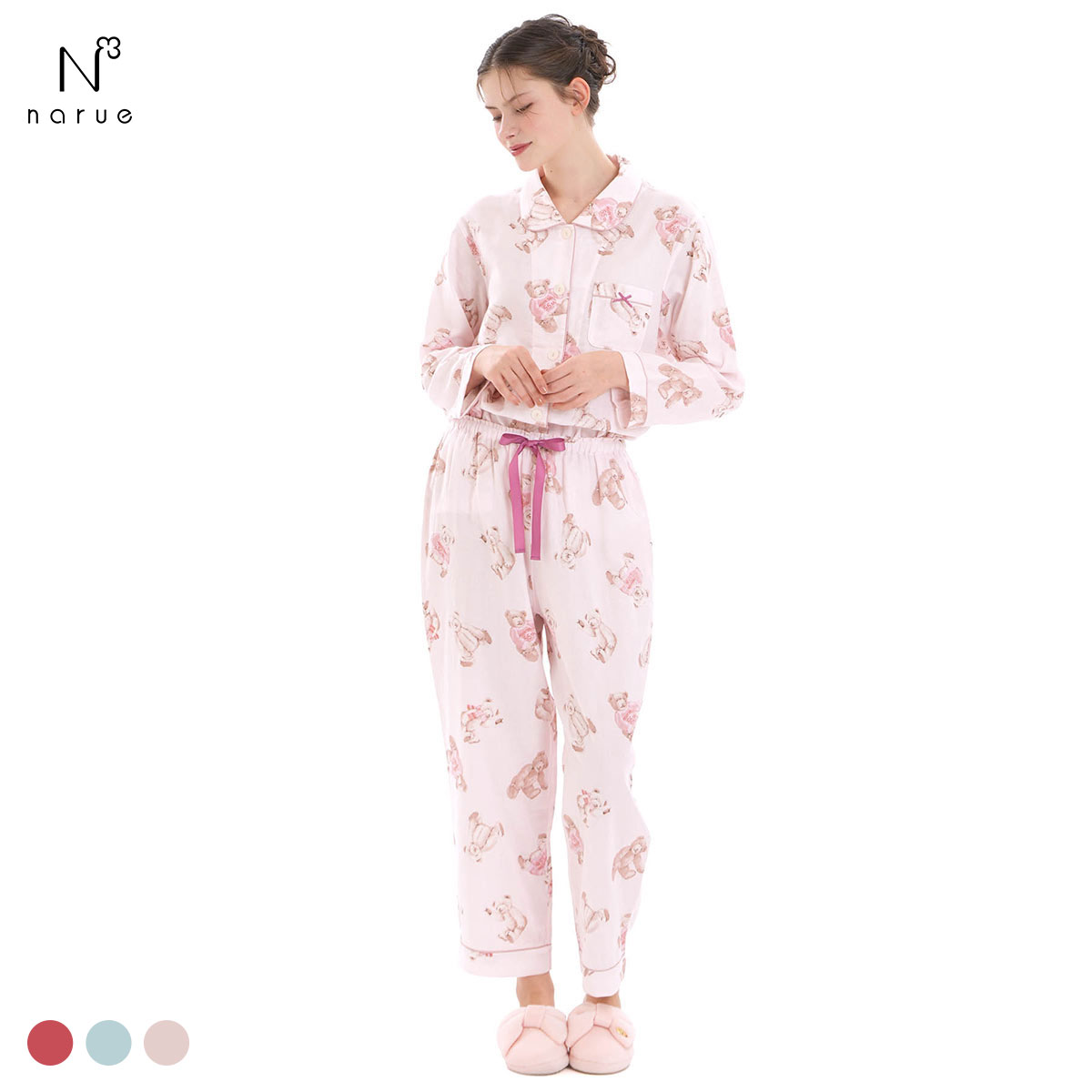 ナルエー パジャマ コットンダブルガーゼテディーベアシャツパジャマ ルームウェア セットアップ 上下セット 長袖 綿100％ NARUE moontan(PI-ピンク-M-L)