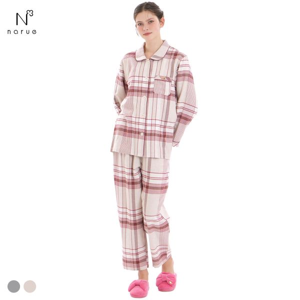 ナルエー パジャマ コットンフランネルチェックシャツパジャマ ルームウェア 上下セット 長袖 ロングパンツ NARUE