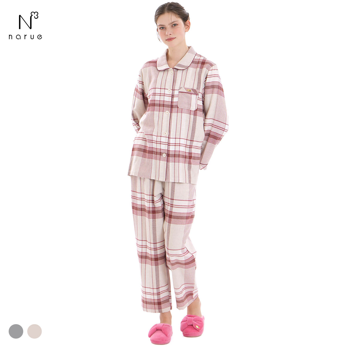 ナルエー パジャマ コットンフランネルチェックシャツパジャマ ルームウェア 上下セット 長袖 ロングパンツ NARUE(IV-アイボリー-M-L)