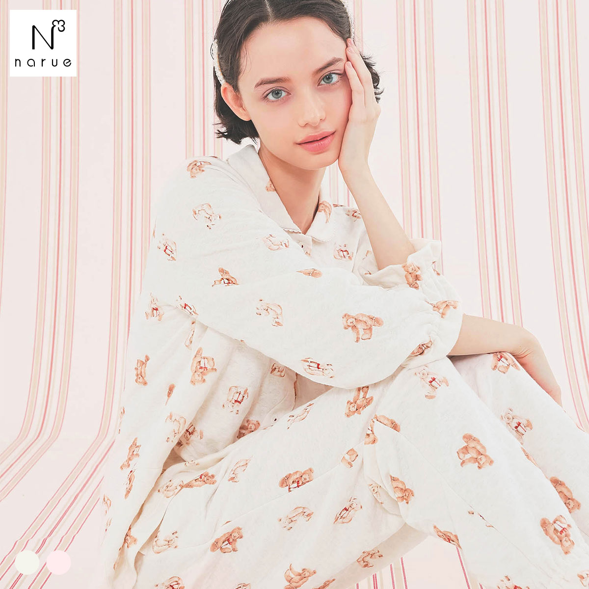 ナルエー パジャマ 裏綿接結(綿入り)テディーベアシャツパジャマ セットアップ 上下セット ルームウェア 長袖 Narue(IV-アイボリー-M-L)