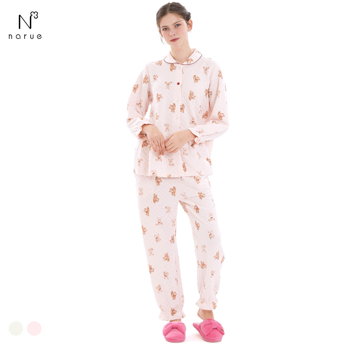 ナルエー パジャマ 裏綿接結(綿入り)テディーベアシャツパジャマ セットアップ 上下セット ルームウェア 長袖 Narue(PI-ピンク-M-L)