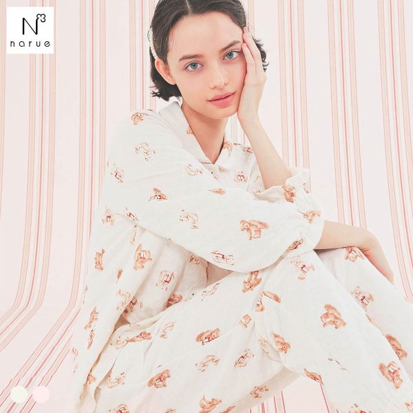 ナルエー パジャマ 裏綿接結(綿入り)テディーベアシャツパジャマ セットアップ 上下セット ルームウェア 長袖 Narue