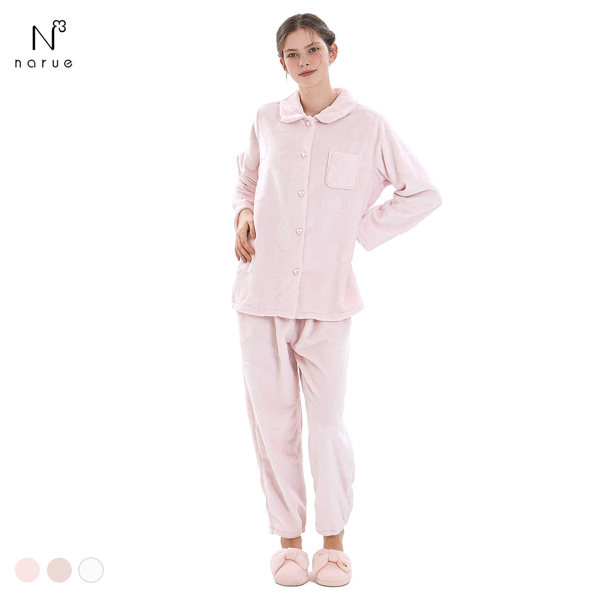 ナルエー パジャマ シャイニースノーエンボスハートシャツパジャマ セットアップ 上下セット ルームウェア 長袖 レディース NARUE(PI-ピンク-M-L)