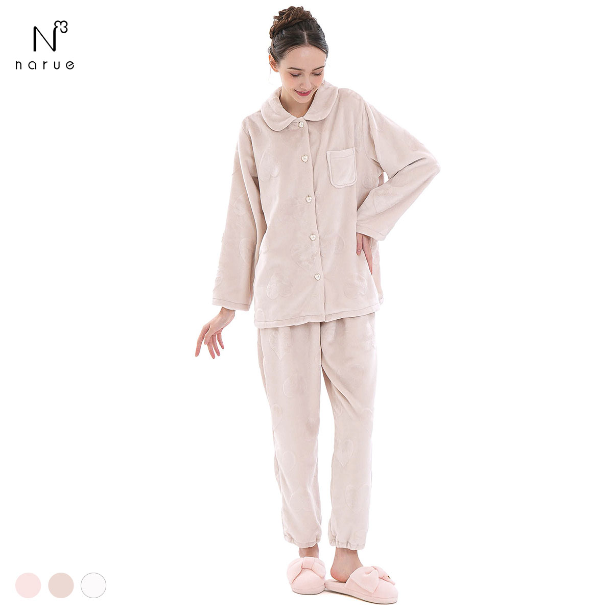 ナルエー パジャマ シャイニースノーエンボスハートシャツパジャマ セットアップ 上下セット ルームウェア 長袖 レディース NARUE(BE-ベージュ-M-L)
