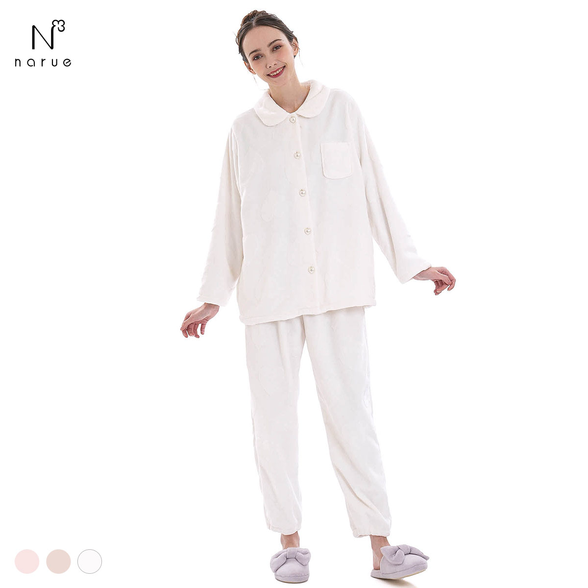 ナルエー パジャマ シャイニースノーエンボスハートシャツパジャマ セットアップ 上下セット ルームウェア 長袖 レディース NARUE(WH-ホワイト-M-L)
