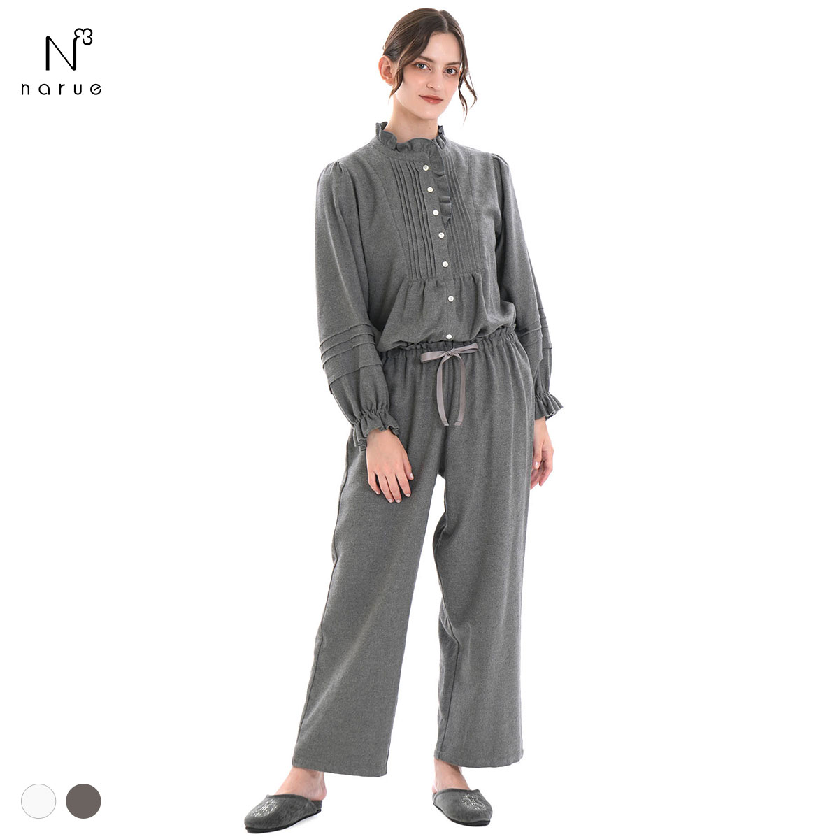 ナルエー パジャマ コットンフランネルシュクレフリルパジャマ ルームウェア 上下セット 長袖 前開き MoonTan by Narue Luxe(CGY-チャコールグレー-M-L)