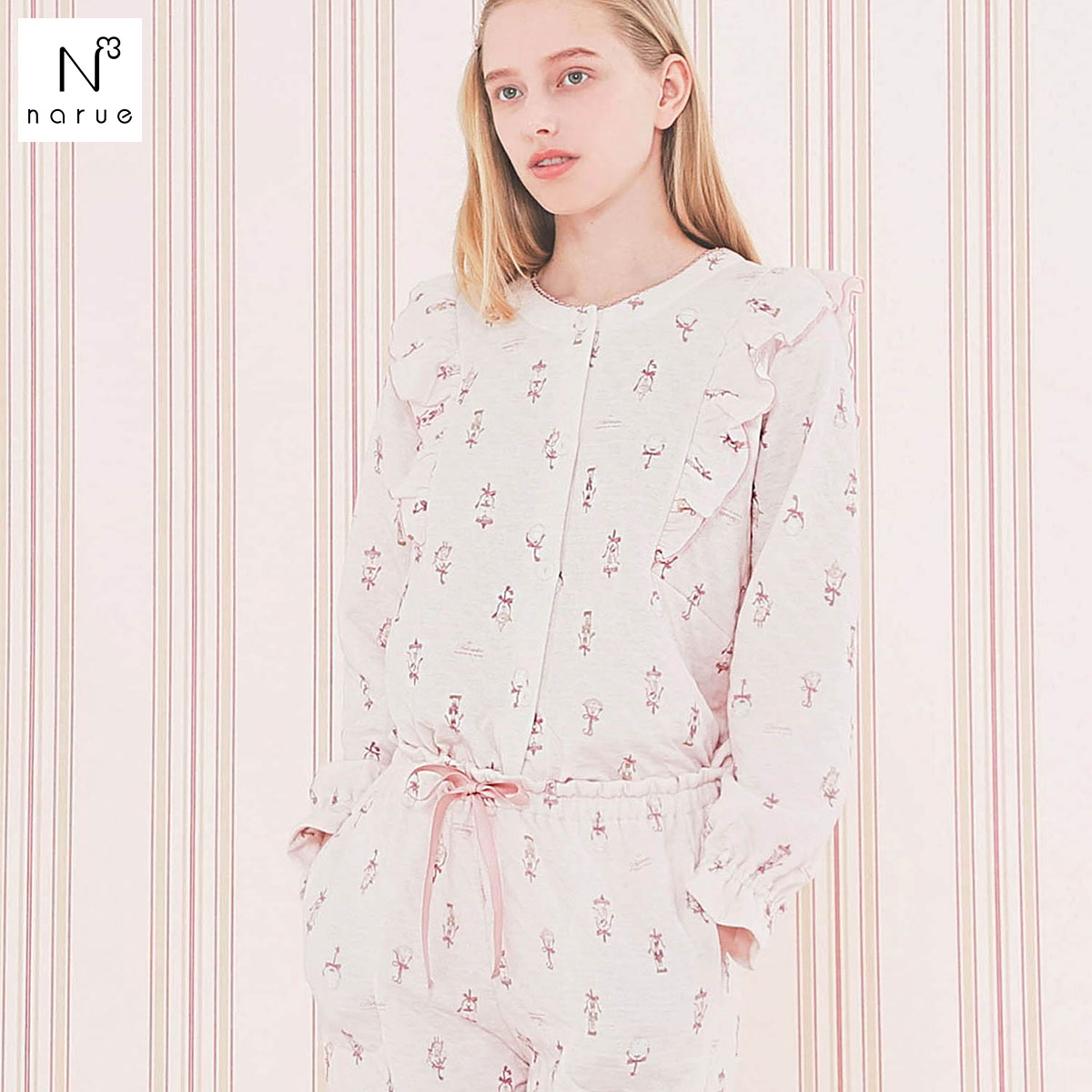 ナルエー パジャマ 裏綿接結(綿入り)くるみ割り人形フリルパジャマ ルームウェア セットアップ 上下セット 長袖 NARUE(PI-ピンク-M-L)
