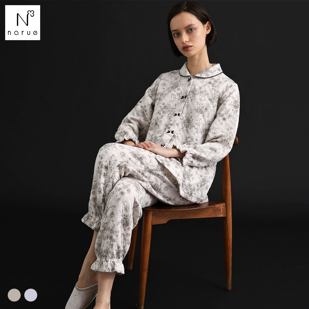 ナルエー パジャマ 裏綿接結(綿入り)トワルドラパンシャツパジャマ セットアップ 上下セット ルームウェア 長袖(GY-グレー-M-L)