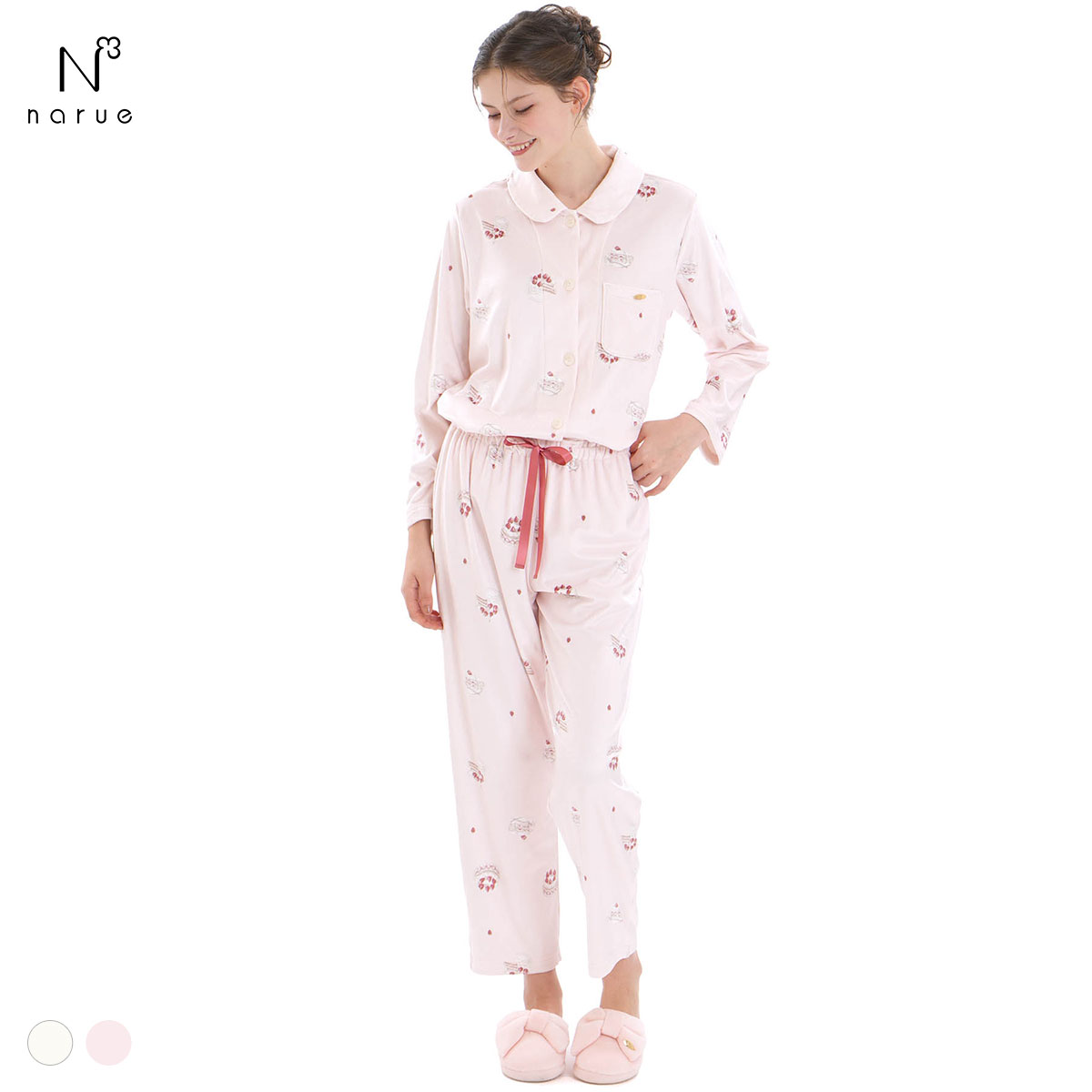 ナルエー パジャマ スノースムージーホイップケーキシャツパジャマ ルームウェア ロングパンツ 長袖 上下セット NARUE(PI-ピンク-M-L)