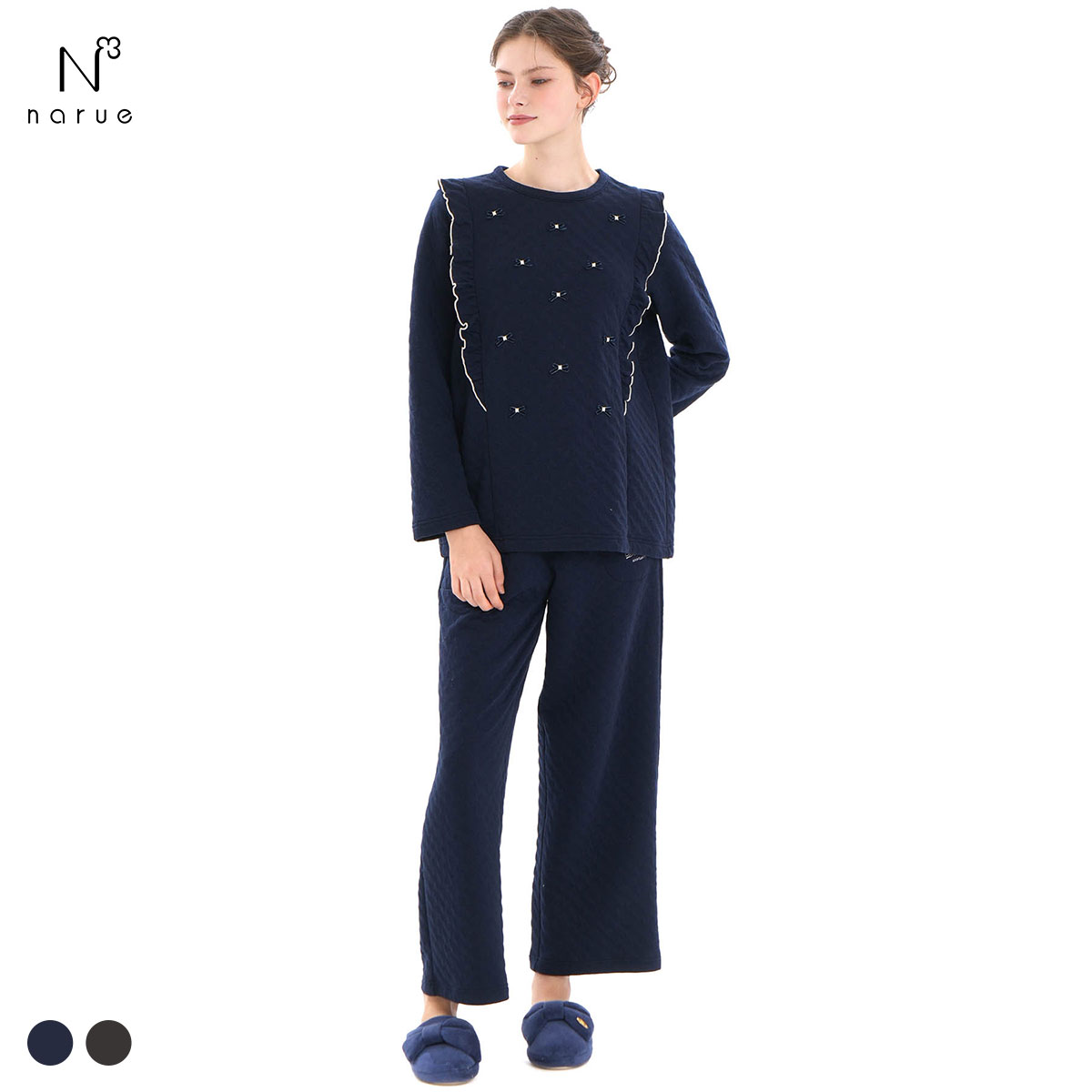 ナルエー パジャマ 裏綿接結（綿入り）ハートジャガードフリルパジャマ セットアップ 上下セット ルームウェア 長袖 Narue(NV-ネイビー-M-L)