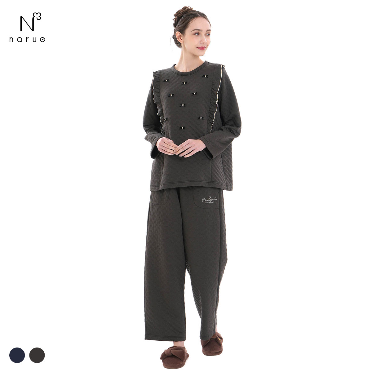 ナルエー パジャマ 裏綿接結（綿入り）ハートジャガードフリルパジャマ セットアップ 上下セット ルームウェア 長袖 Narue(CGY-チャコールグレー-M-L)