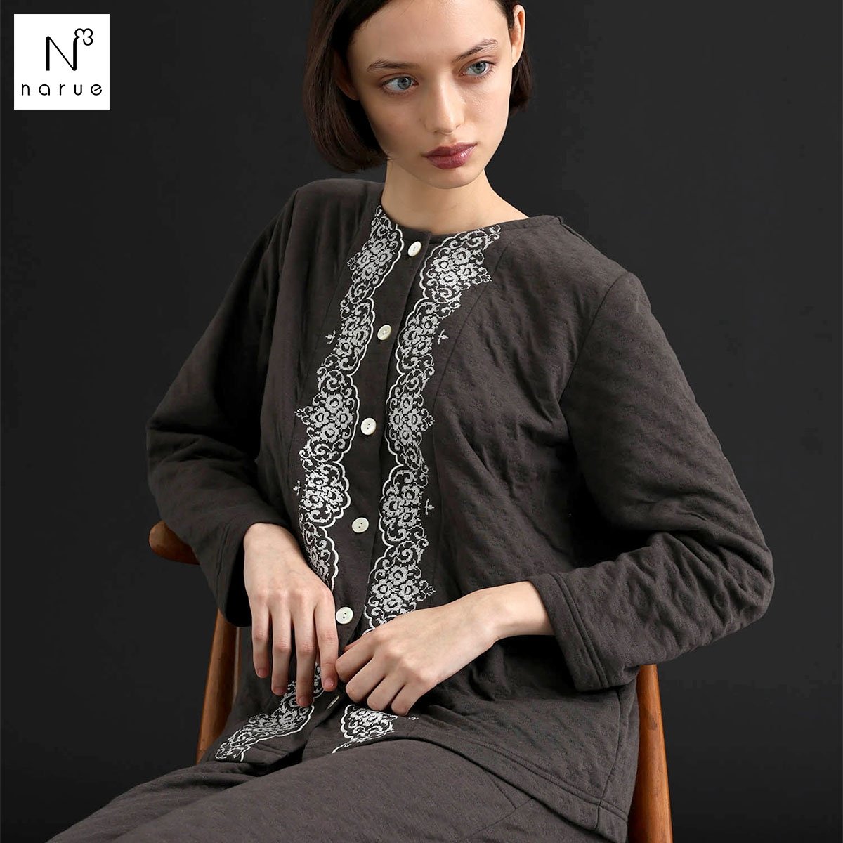 ナルエー パジャマ 裏綿接結(綿入り)ブドォワールセットアップ セットアップ 上下セット ルームウェア 長袖 Narue(CGY-チャコールグレー-M-L)