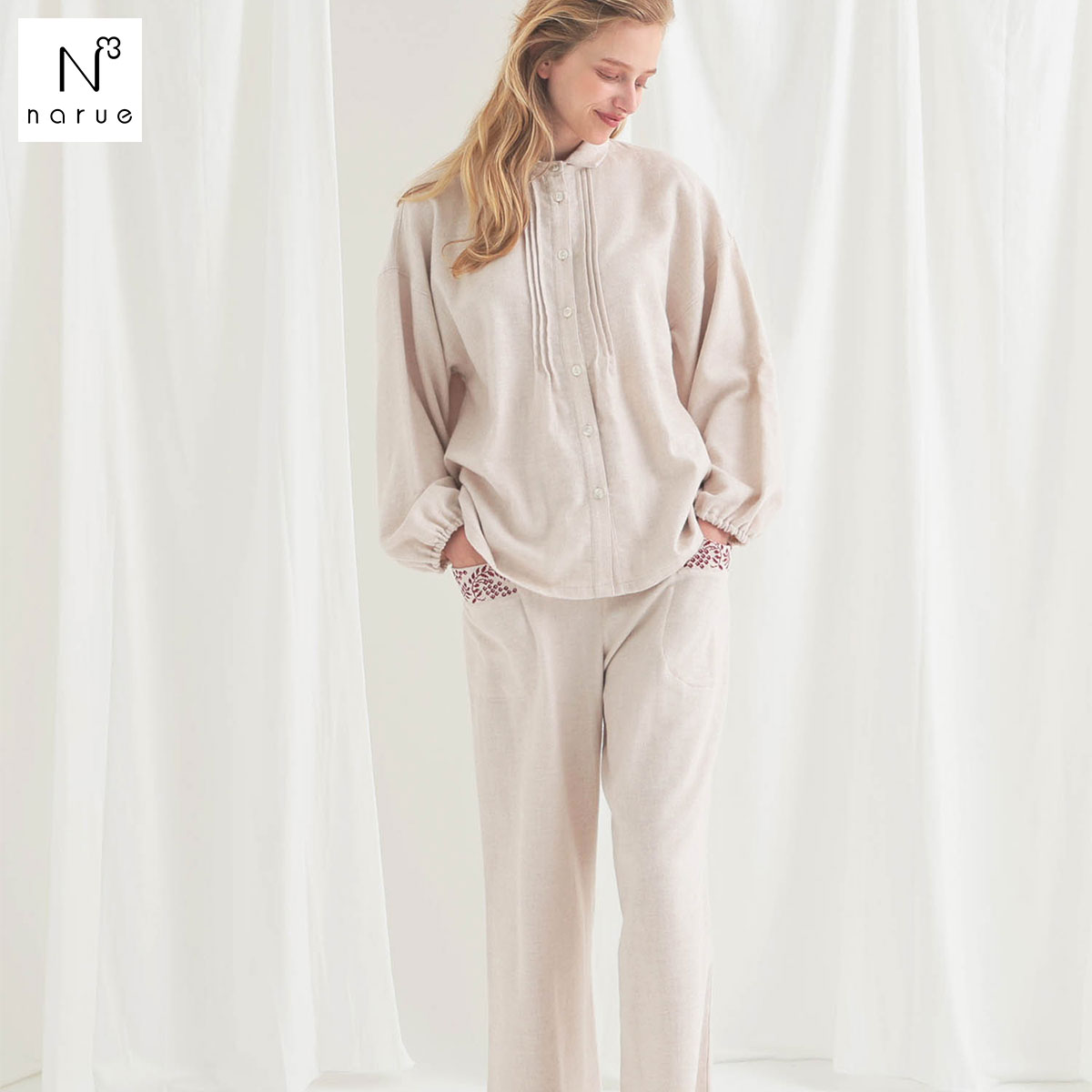 ナルエー パジャマ コットンフランネルウインターベリーパジャマ ルームウェア 上下セット 長袖 ロングパンツ NARUE(IV-アイボリー-M-L)