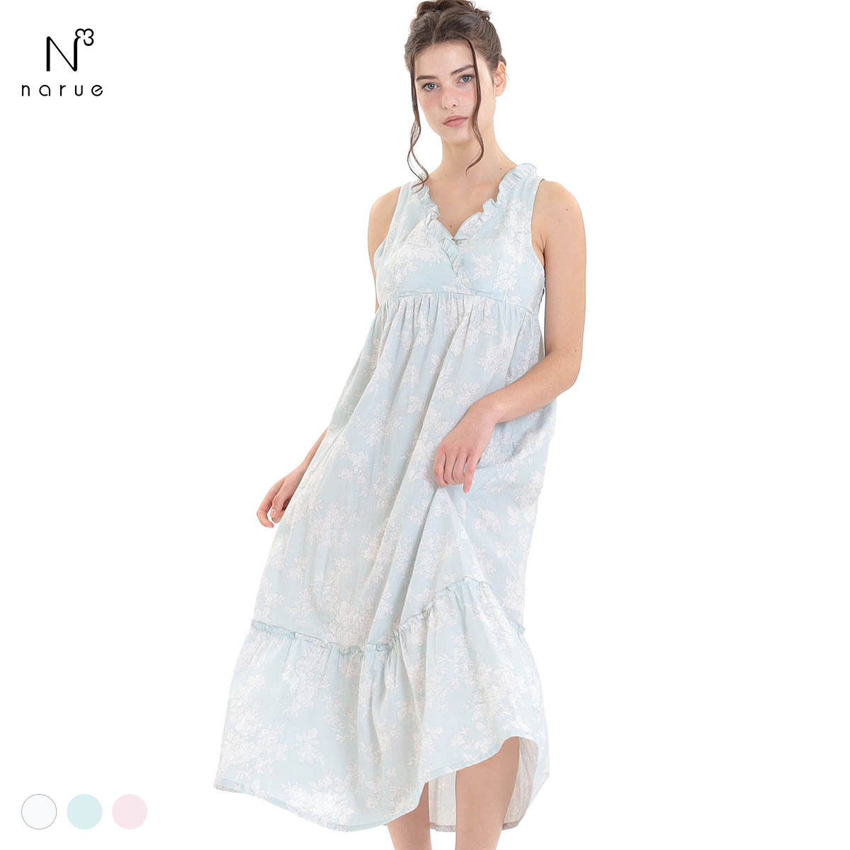 ナルエー パジャマ 50/ダブルガーゼローズミュールノースリーブワンピース ルームウェア ワンピース ドレス 綿100％ ネグリジェ NARUE(GR-グリーン-M)