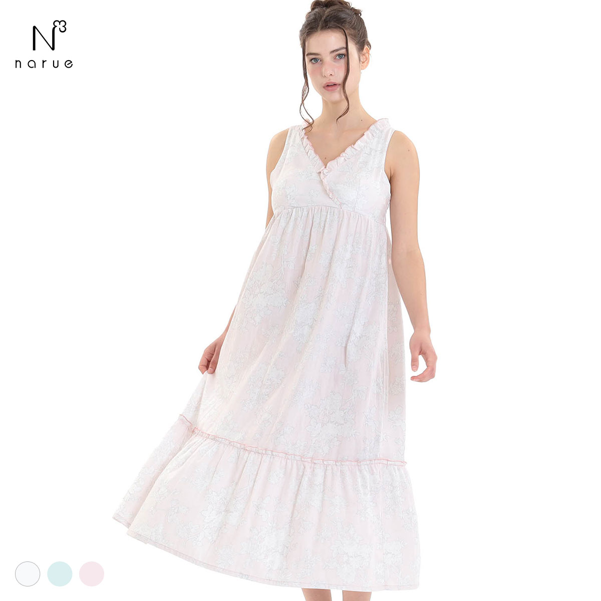 ナルエー パジャマ 50/ダブルガーゼローズミュールノースリーブワンピース ルームウェア ワンピース ドレス 綿100％ ネグリジェ NARUE(PI-ピンク-M)