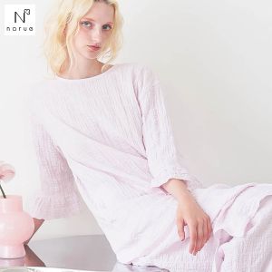 ナルエー パジャマ シャーリングダブルガーゼグレースワンピース ルームウェア ドレス 7分袖 ネグリジェ レディース NARUE